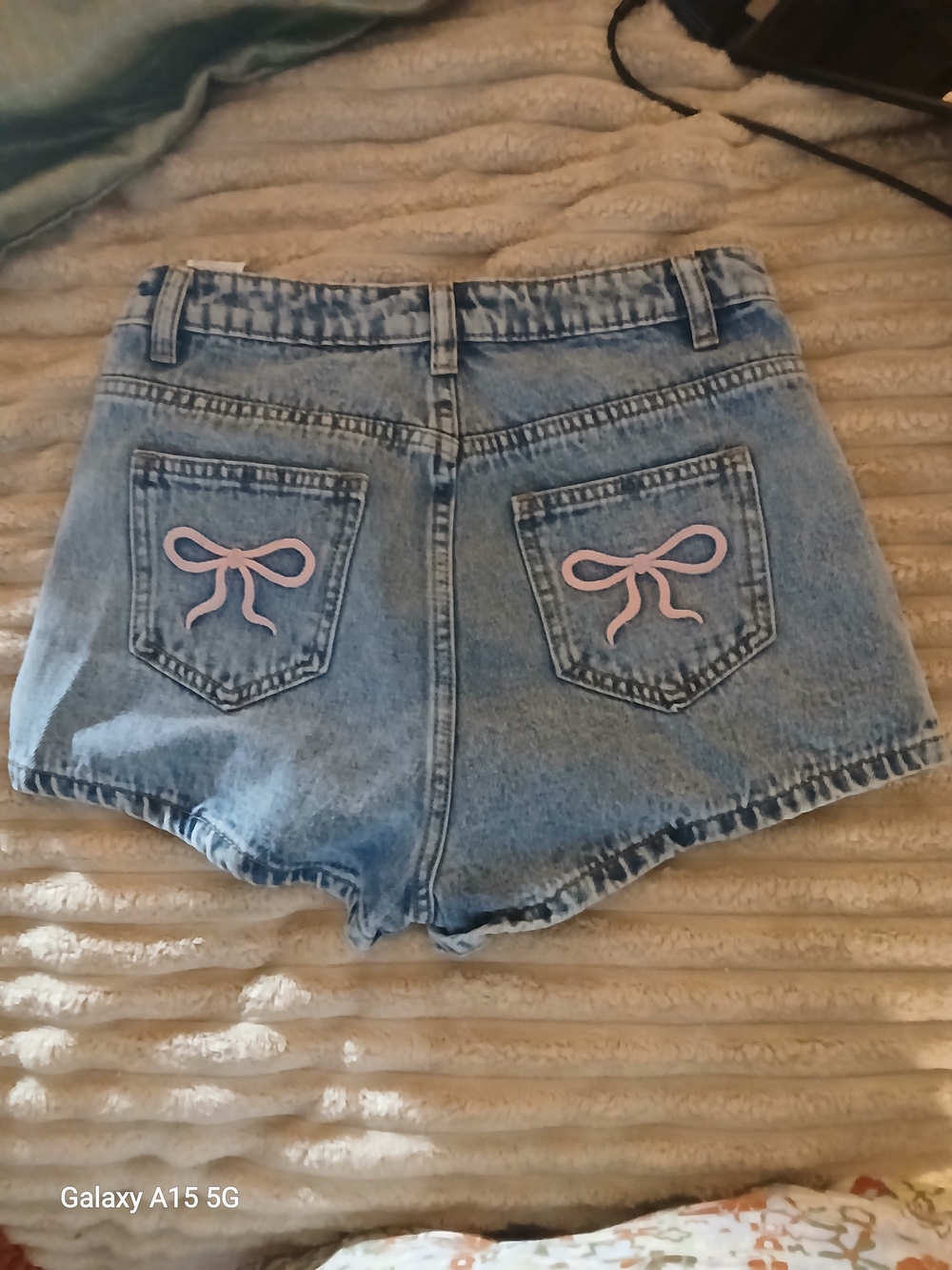 SHEIN Light Blue Denim Shorts with Pink Bow Pockets - Kids Plus Small Shirt